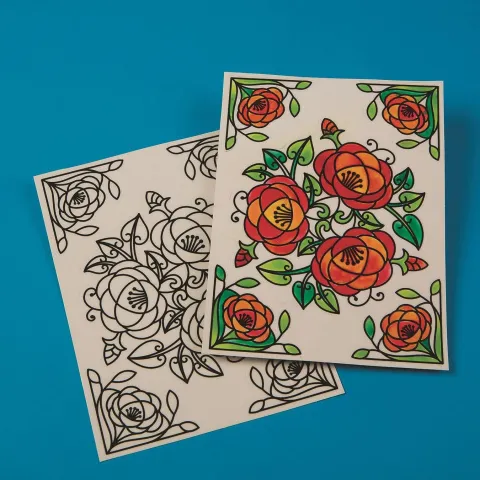 example of "stained glass" flowers before and after coloring