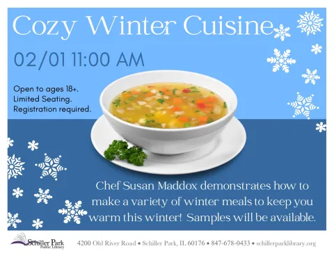 A bowl of soup. Cozy Winter Cuisine Flyer.