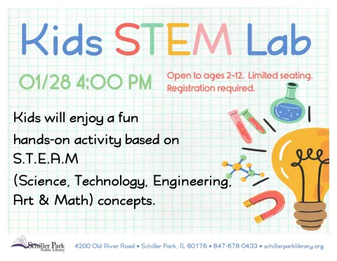 An image of a light bulb and other science tools. Kids STEM Lab Flyer.