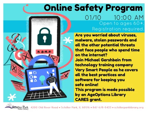 An image of a phone and laptop with a lock on the screen. Online Safety Program Flyer.