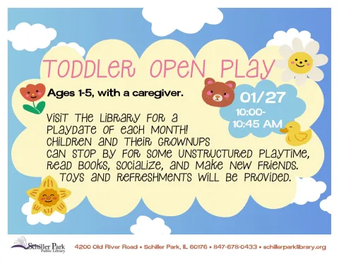 Images of a bear and flowers. Toddler Open Play Flyer.