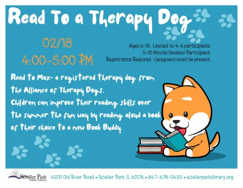 An image of a dog reading a book. Read To a Therapy Dog Flyer.