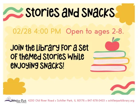 An image of an apple on top of a stack of books. Stories & Snacks Flyer.