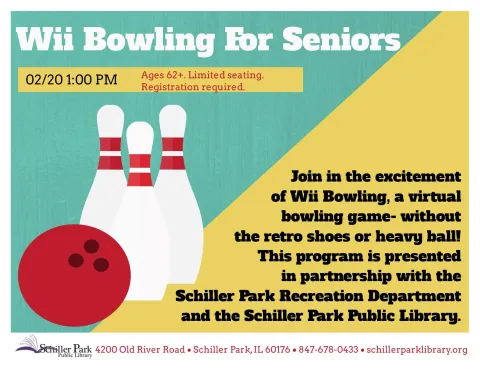 An image of a bowling ball and bowling pins. Wii Bowling For Seniors Flyer.