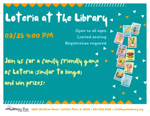 Images of Lotería cards. Lotería at the Library Flyer.