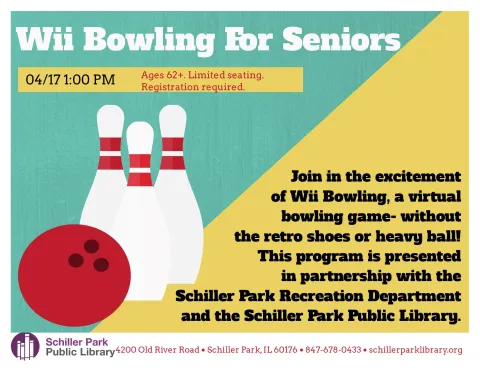 An image of bowling pins and a bowling bowl. Wii Bowling For Seniors Flyer.