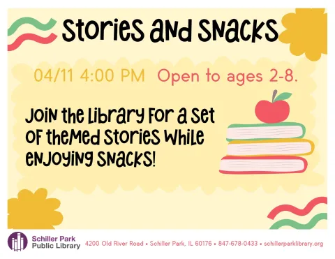 An image of an apple on top of a pile of books. Stories And Snacks Flyer.