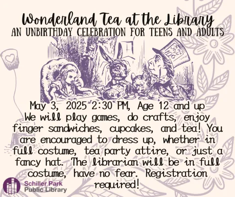 Characters from Alice in Wonderland gathered around a table having tea. Unbirthday Tea Party Flyer.
