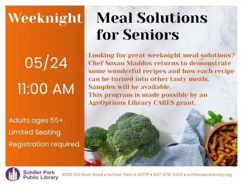 An image of broccoli and pasta. Meal Solutions for Seniors flyer.