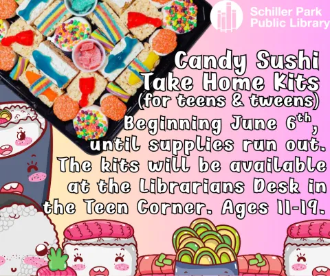 Clipart of Sushi with happy faces. Candy Sushi Take Home Kits Flyer.