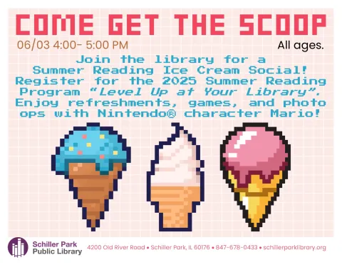 Clipart of 8bit ice-cream cones. Come Get The Scoop flyer.