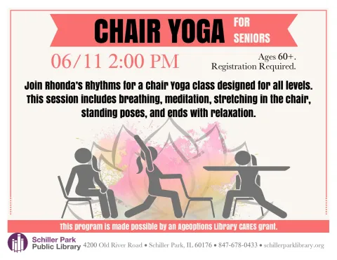 Stick figures performing Chair yoga. Chair Yoga for seniors flyer.