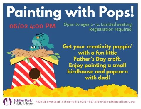 Clipart image of popcorn and a bird house. Painting with Pops! Flyer.
