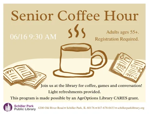 A coffee cup and three open books. Senior Coffee Hour Flyer.