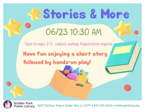 Toys in a box and a book. Stories & More Flyer.