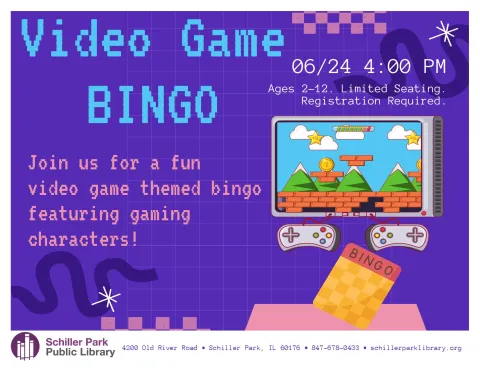 A tv displaying a retro video game. Two video game controllers. Video Game Bingo Flyer.