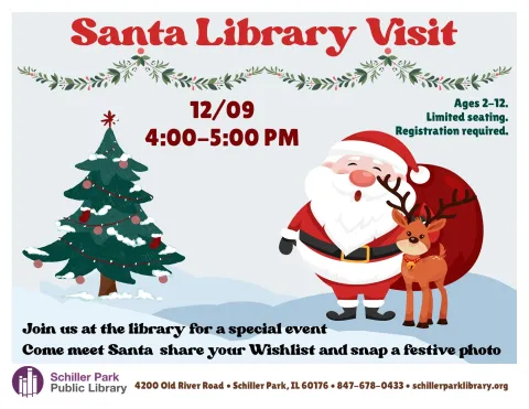 Santa, a reindeer, and a pine tree.