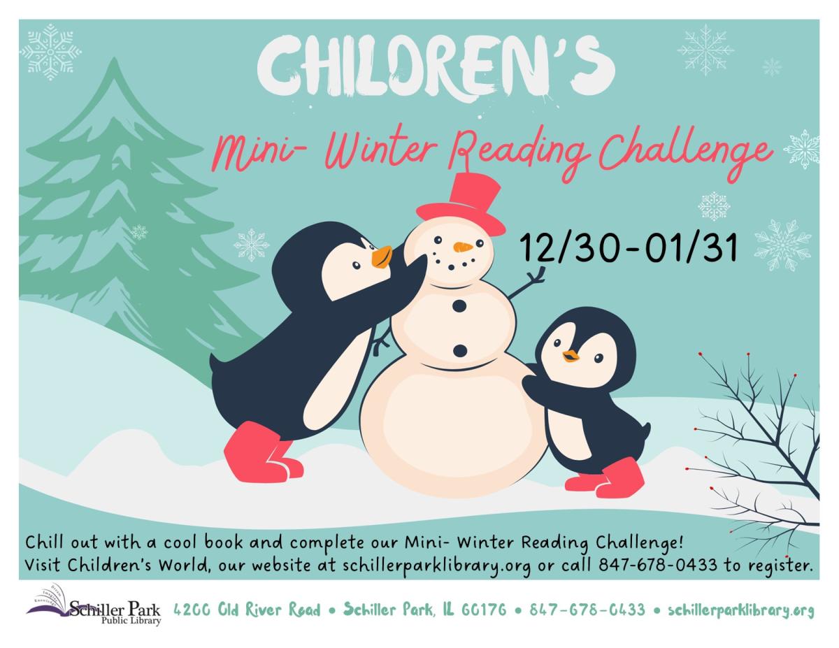 Two penguins building a snowman. Mini - Winter Reading Challenge Flyer