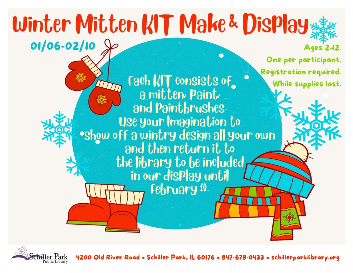 A snow hat, a pair of mittens and boots. Winter- Mitten KIT Make & Display Flyer