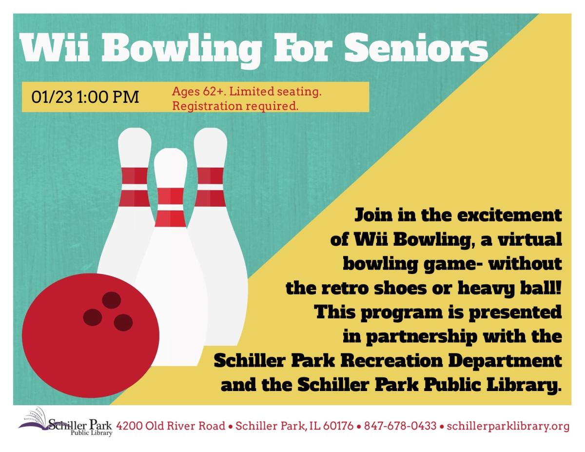 An image of bowling pins and a bowling bowl. Wii Bowling For Seniors Flyer.