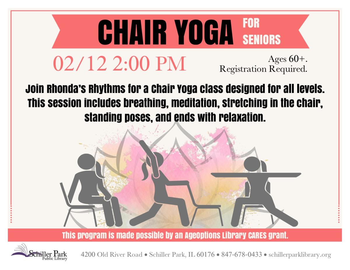 An image of stick figures performing chair yoga. Chair Yoga Flyer.