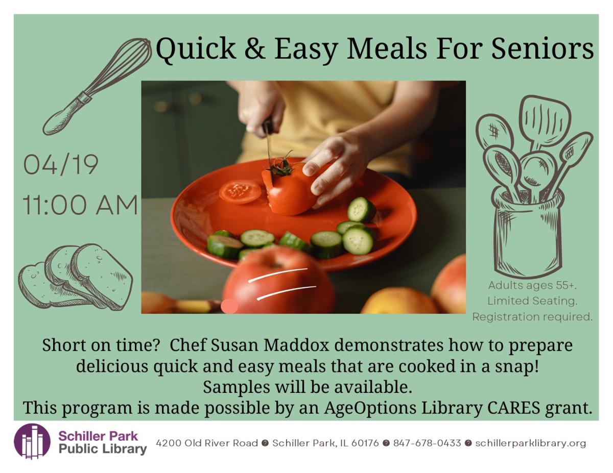 A photo of a person cutting vegetables. Quick & Easy Meals for Seniors Flyer.