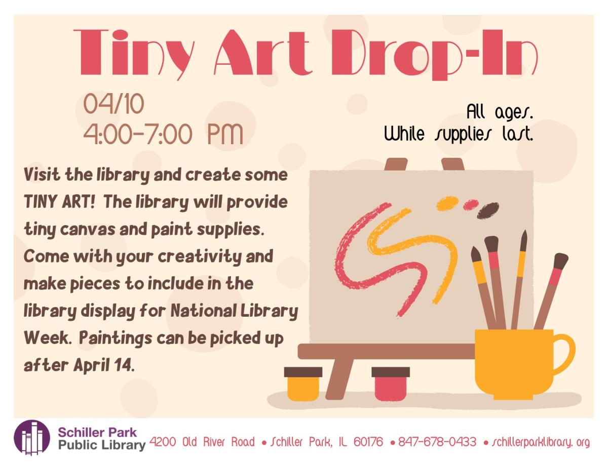 An image of a canvas and paintbrushes in a cup. Tiny Art-Drop-In Flyer.