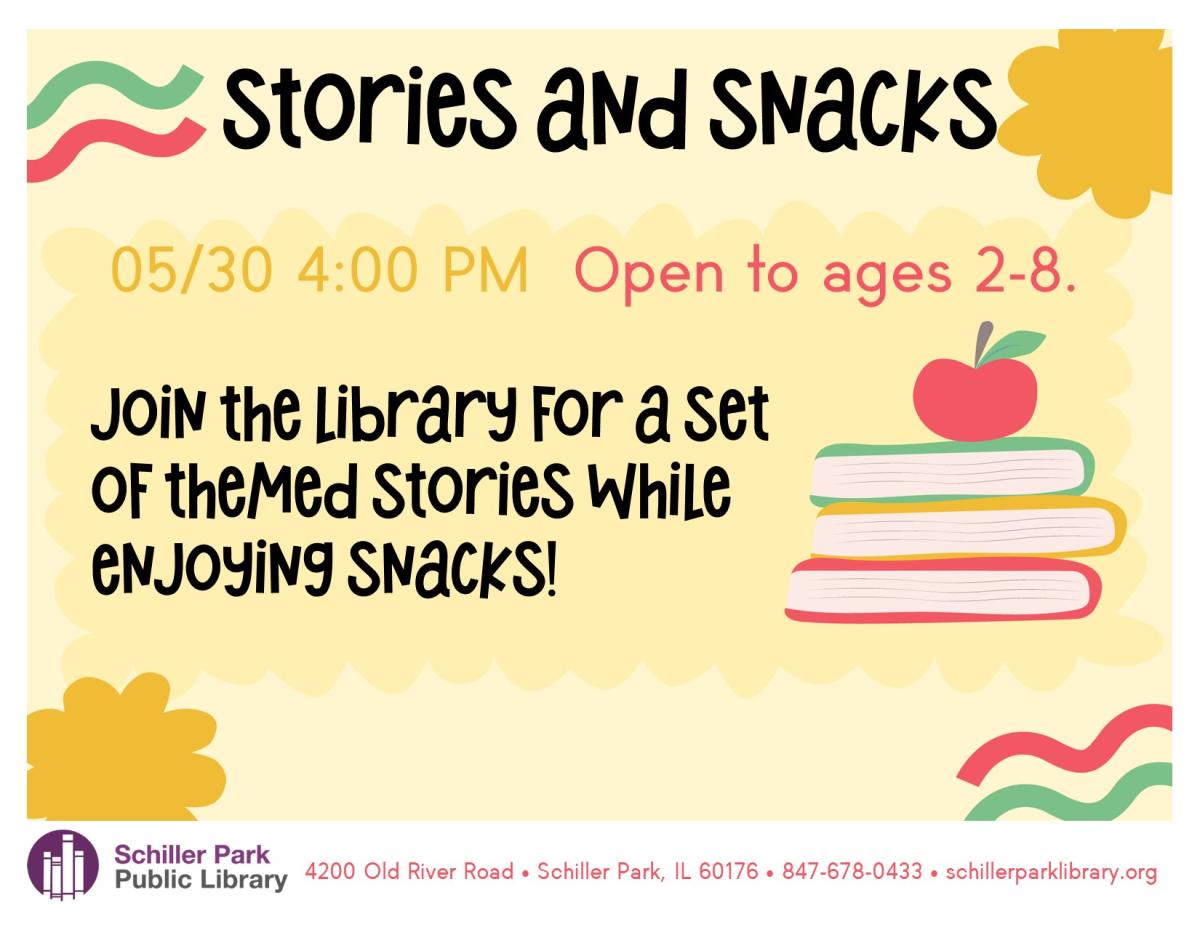 An image of an apple on top of a stack of books. Stories & Snacks Flyer.