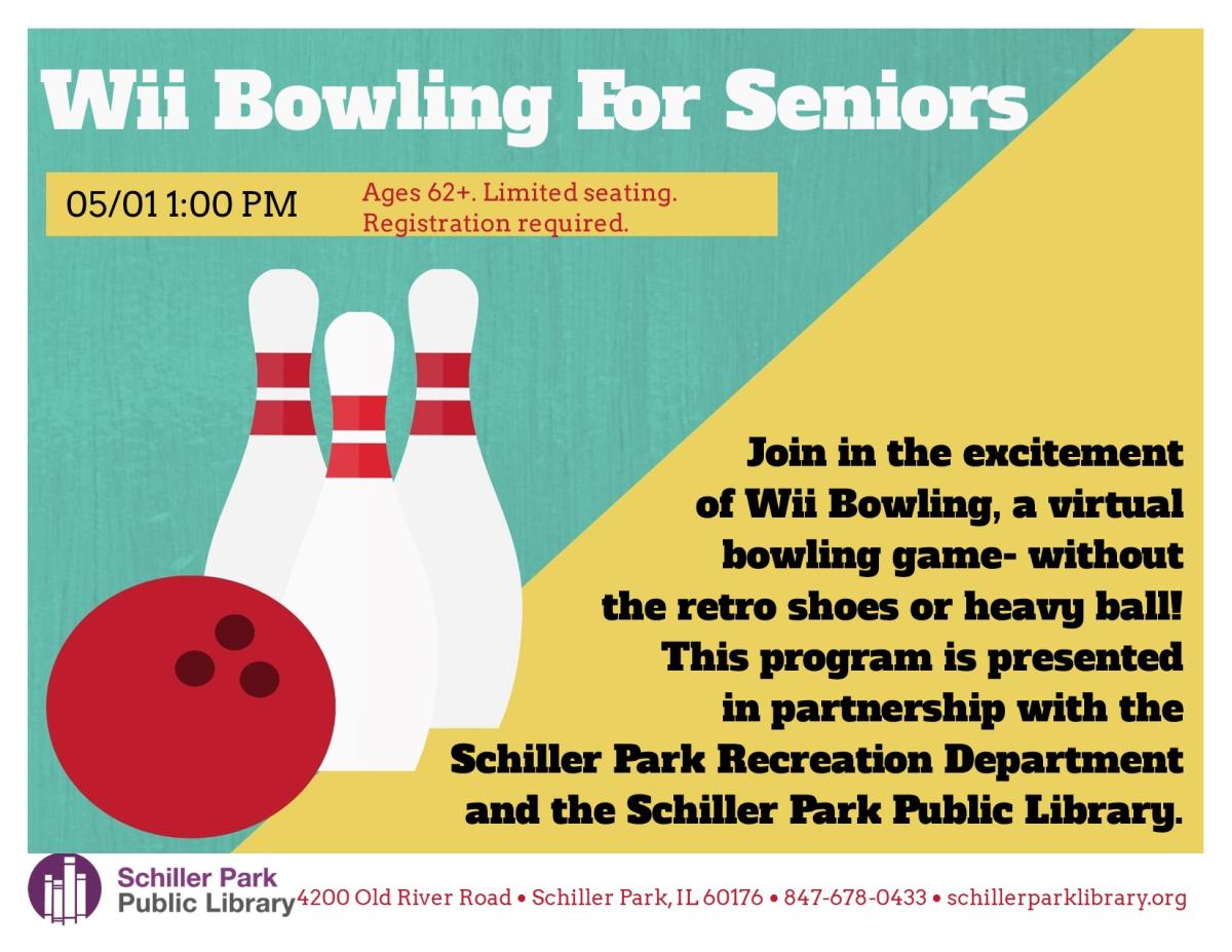 An image of bowling pins and a bowling bowl. Wii Bowling For Seniors Flyer.