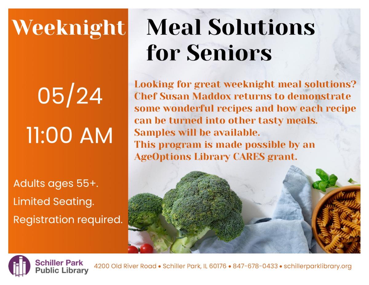 An image of broccoli and pasta. Meal Solutions for Seniors flyer.