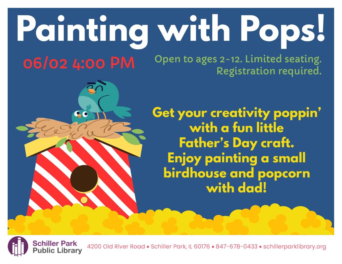 Clipart image of popcorn and a bird house. Painting with Pops! Flyer.
