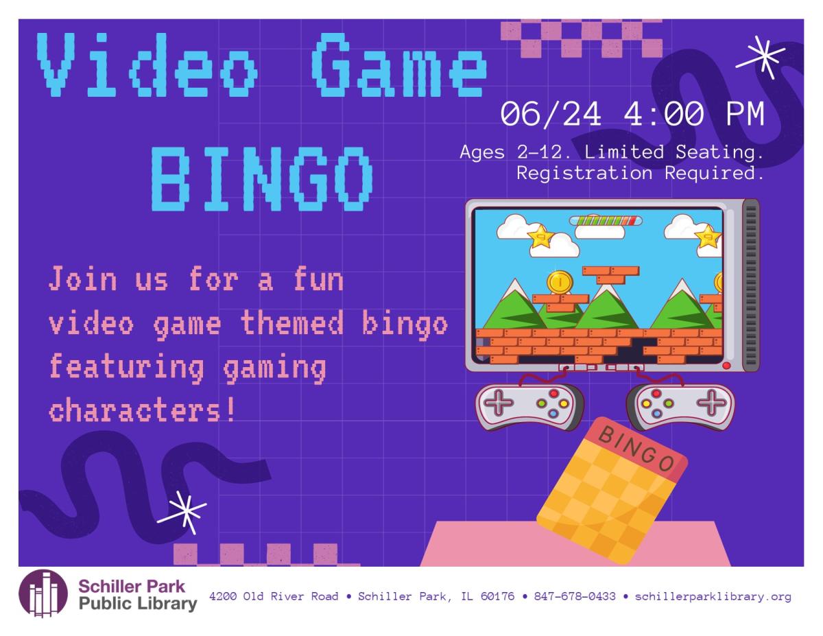 A tv displaying a retro video game. Two video game controllers. Video Game Bingo Flyer.